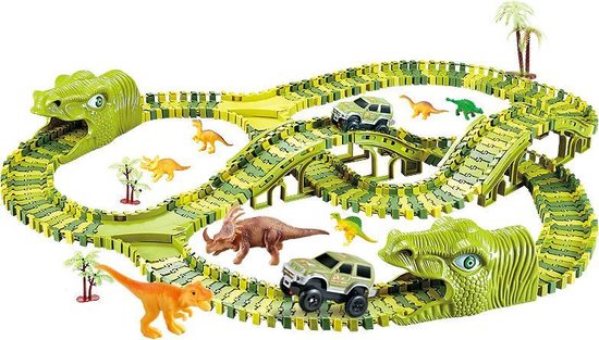 Nixnix - Dino Racebaan - XL 291-delig - Dinosaurussen en Auto’s - Met veel Attributen - Speelgoed - T-Rex - Batterijen