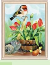 Diamond Painting Vogel met tulpen  40x50 Vierkante Steentjes