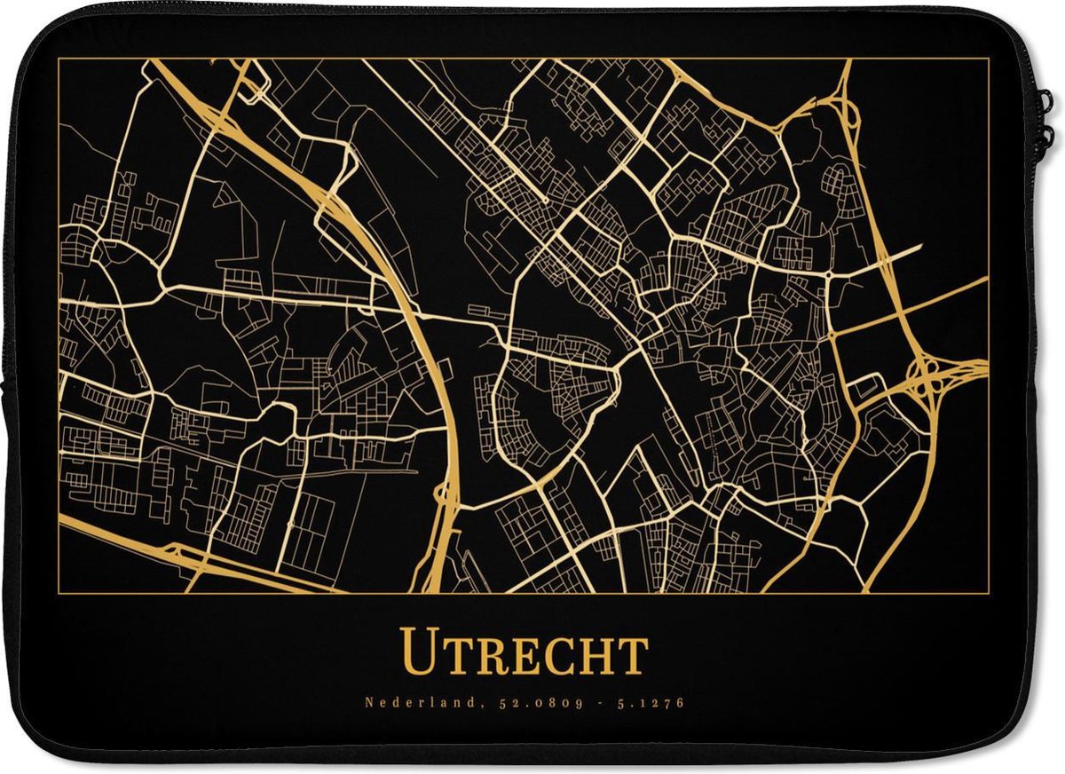Laptophoes 13 inch - Kaart - Utrecht - Luxe - Goud - Zwart - Laptop sleeve - Binnenmaat 32x22,5 cm - Zwarte achterkant