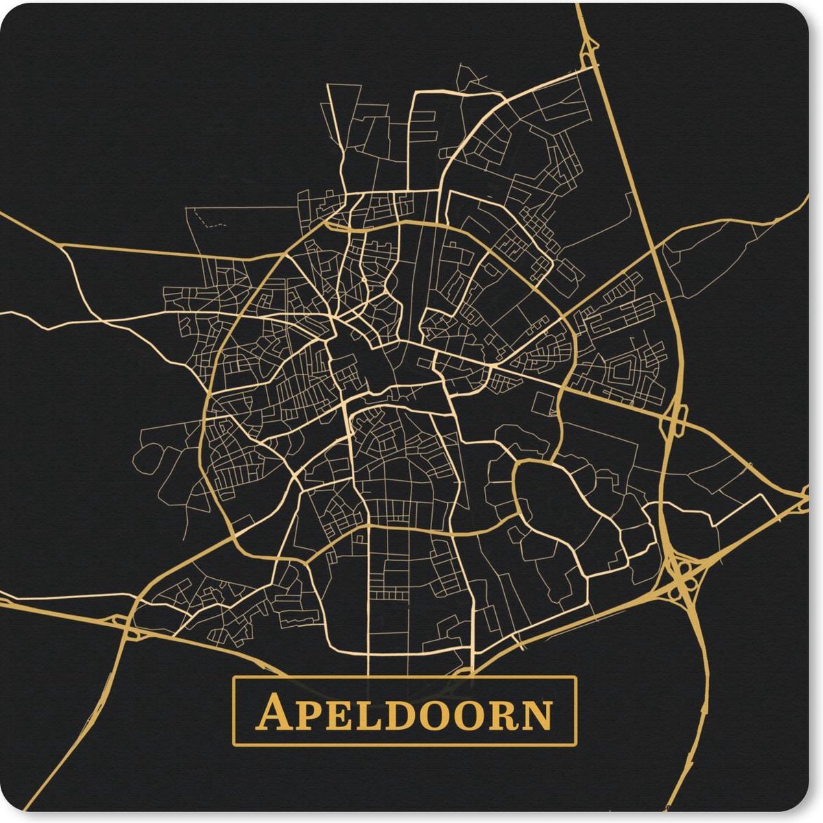 Muismat 20x20 cm - Mousepad Kaart - Apeldoorn - Simpel - Goud - Zwart - Muismatten