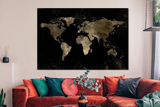 Décoration murale Métal - Peinture Aluminium - Carte du Wereldkaart - Zwart - Or - 150x100 cm