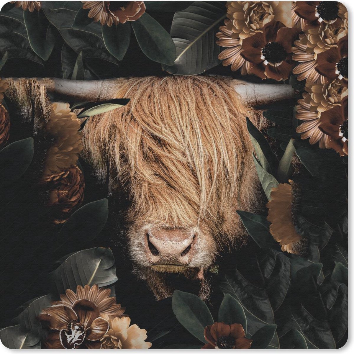 Muismat 30x30 cm - Mousepad Schotse hooglander - Bloemen - Bladeren - Hoorn - Muismatten