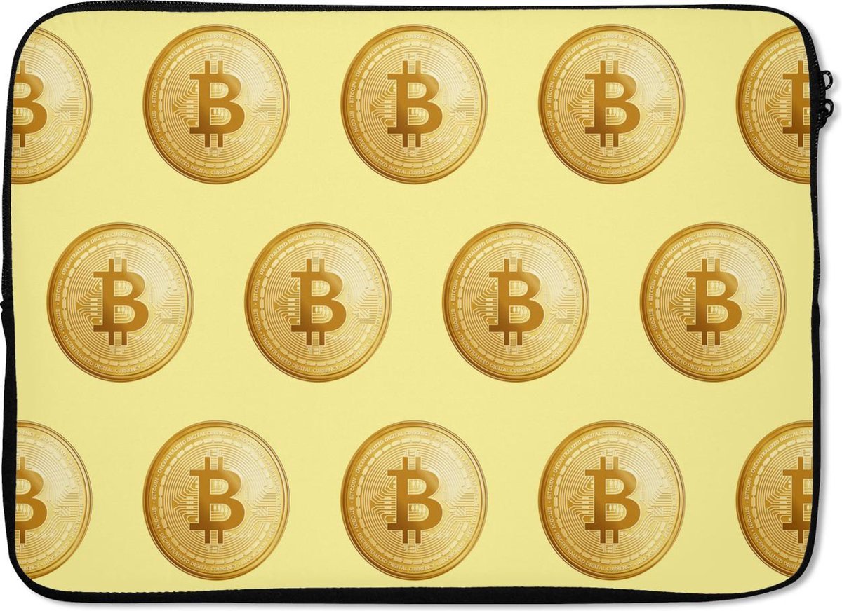 Laptophoes 13 inch - Bitcoin - Goud - Patronen - Geel - Laptop sleeve - Binnenmaat 32x22,5 cm - Zwarte achterkant
