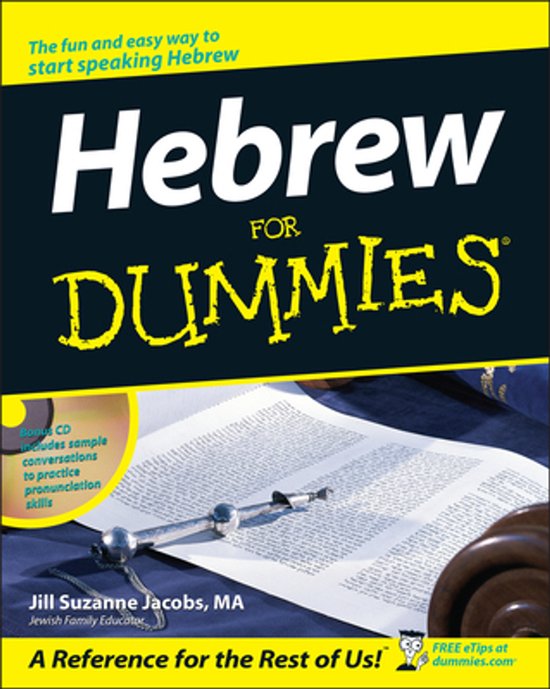 Het 'Hebrew For Dummies' boek met de tekst 'The fun and easy way to start speaking Hebrew'.