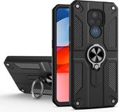 Voor Motorola Moto G Play (2021) koolstofvezelpatroon pc + TPU-beschermhoes met ringhouder (zwart)