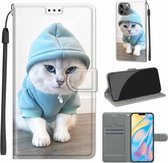 Spanning Gekleurde Tekening Magnetische Sluiting Horizontale Flip PU Lederen Case met Houder & Kaartsleuven Voor iPhone 13 (C15 Blauwe Trui Witte Kat)