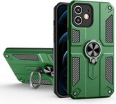 Koolstofvezelpatroon PC + TPU-beschermhoes met ringhouder voor iPhone 11 (donkergroen)