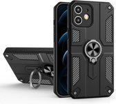 Koolstofvezelpatroon PC + TPU-beschermhoes met ringhouder voor iPhone 12 mini (zwart)