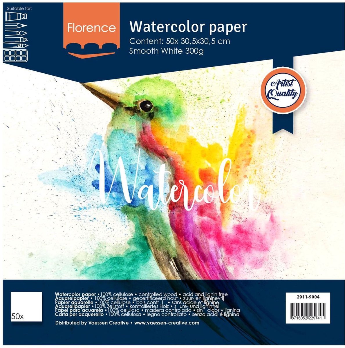 Aquarelpapier - Intense White - 30,5x30,5cm - 300 grams - Gladde Structuur - Smooth - Florence - 50 vellen