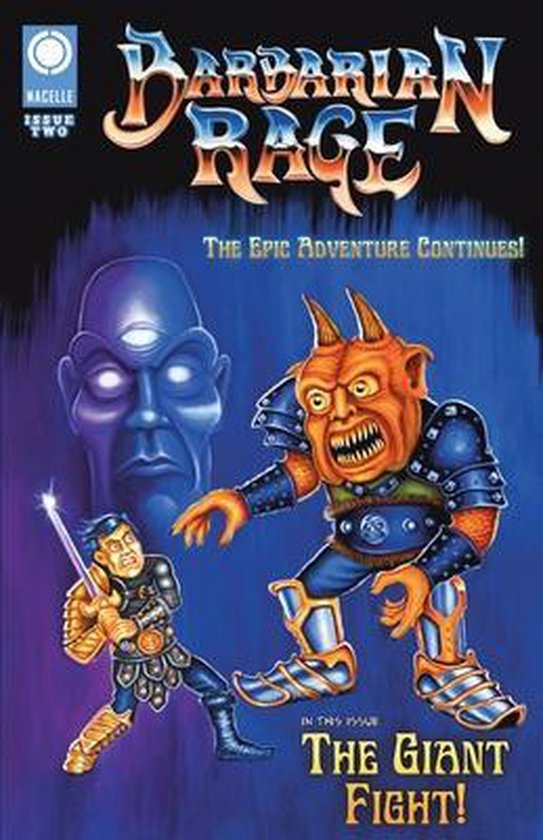 Stripboek kaft met de titel 'Barbarian Rage Issue Two'. Een woeste demon en een krijger met een staf vechten in de blauwe gloed.