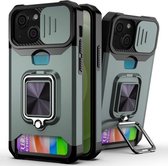 Sliding Camera Cover Design PC + TPU schokbestendig hoesje met ringhouder en kaartsleuf voor iPhone 13 (donkergroen)