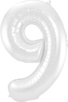 Folat - Folieballon Cijfer 9 Wit Metallic Mat - 86 cm