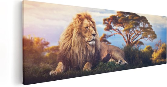 Artaza Canvas Schilderij Leeuw Tijdens Zonsondergang - 60x20 - Foto Op Canvas - Canvas Print