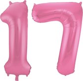 De Ballonnenkoning - Folieballon Cijfer 17 Roze Metallic Mat - 86 cm
