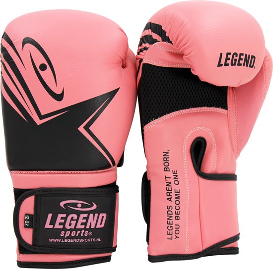 Roze bokshandschoen met zwarte details, tekst "LEGENDS AREN'T BORN, YOU BECOME ONE" en Legend Sports logo.