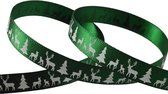 Kerst Lint 10mm (1cm) | Luxe Satijnlint | Rendier Kerstboom | Donker Groen Wit | Cadeaulint | Rol: 10 Meter