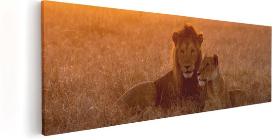 Artaza Canvas Schilderij Leeuw En Leeuwin Tijdens Zonsondergang - 120x40 - Groot - Foto Op Canvas - Canvas Print