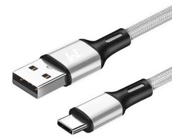 USB-C Data- en Laadkabel - 2.4A Snellader Kabel - Fast en Quick Charge Oplaadkabel - Type C Naar USB-A - Oplaadsnoer Telefoon - Laptop - Gevlochten Nylon – Zilver – 1 Meter - Wilsem ®