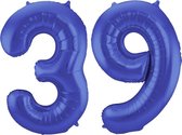 De Ballonnenkoning - Folieballon Cijfer 39 Blauw Metallic Mat - 86 cm