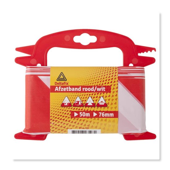 Deltafix afzetband rood/wit, 50m, 76mm, met rode dispenser.
