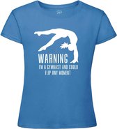 Sparkle&Dream - T-Shirt \'Warning Gymnast\' Blauw - 128 -  voor turnen en gymnastiek