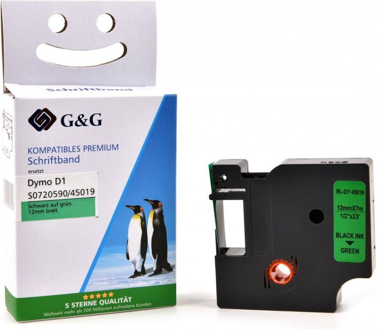 G&G-tape compatibel met Dymo D1 / 45019 / S0720590 (12 mm x 7 m) zwart op groen