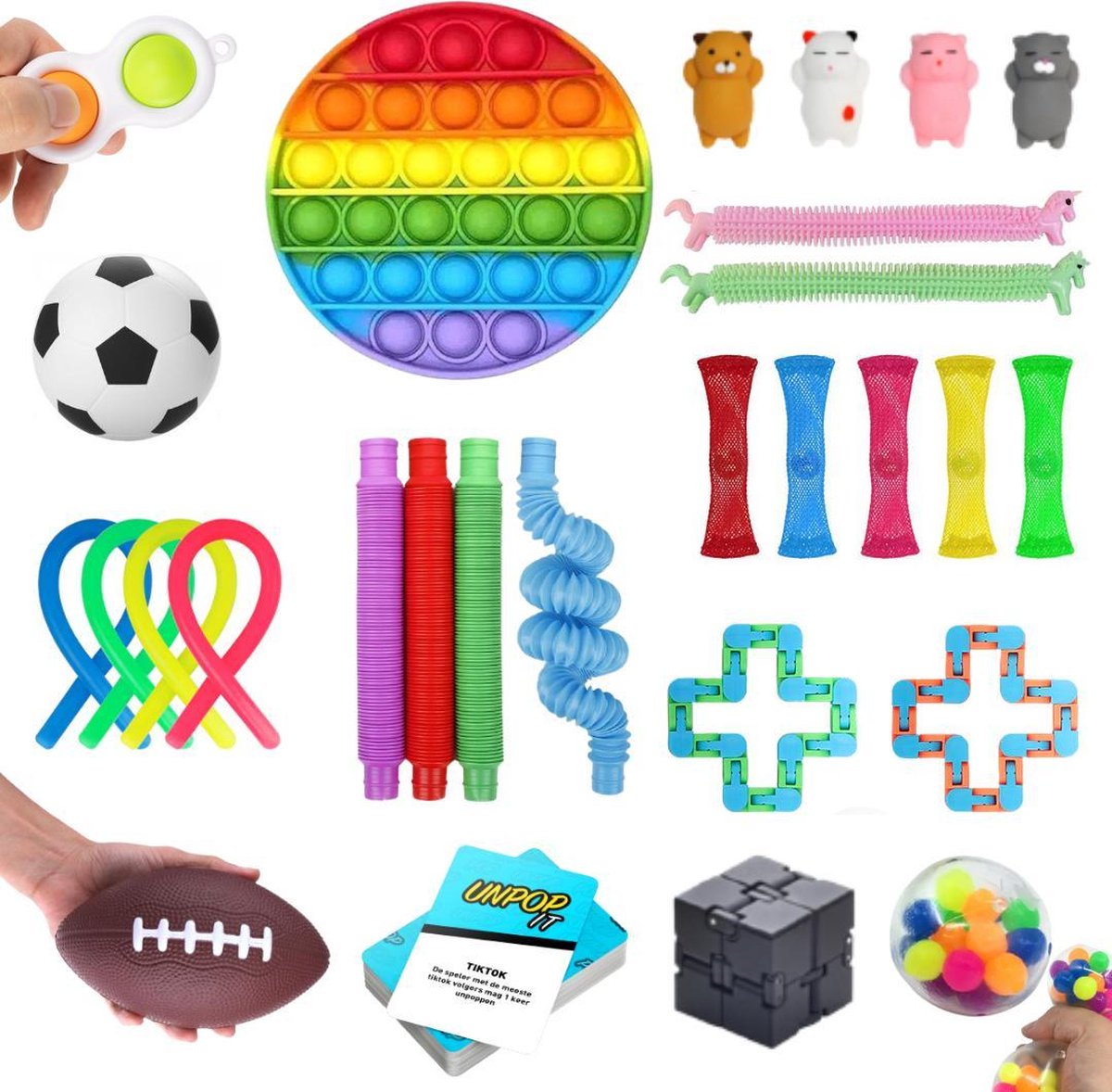 ZTWK© - Fidget toys pakket XL - 28 stuks - Pop it regenboog - Mochi - Monkey Noodles - Unpop it! - ZTWK©