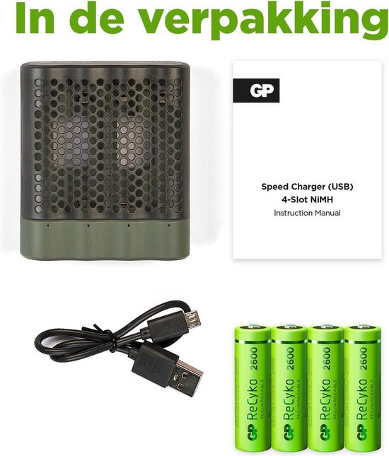 Ondergedompeld Fokken priester GP ReCyko AA/AAA Speed Charger (USB) - Batterij oplader - incl. 4x AA  batterijen 2600mAh | bol.com