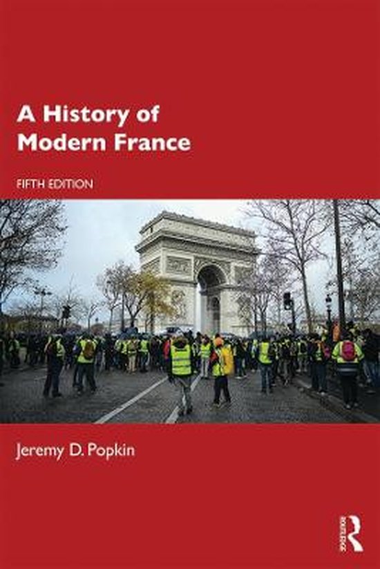 Couverture du livre 'A History of Modern France', avec l'Arc de Triomphe et une foule portant des gilets jaunes.