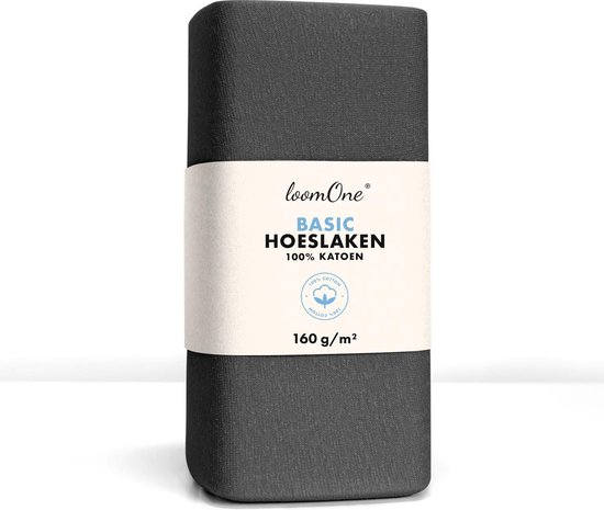 Hoeslaken Loom One – 100% Jersey Katoen – 180x220 cm – jusqu'à 40 cm d'épaisseur de matelas – 160 g/m² – pour Boxspring-Waterbed - Anthracite