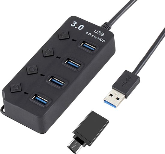 Nuvance – USB Hub 3.0 – 4 Poorten - Splitter – USB C Hub / Adapter - Universeel - Aan Uit Schakelaar - Zwart