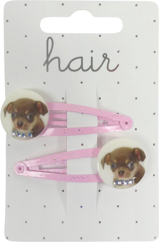 Haarspeldjes Klikklak 5.0cm Glitter met Hond - Roze - 2 stuks