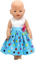 Dolldreams | Poppenkleertjes - Blauw jurkje met stippen en roosje - Voor poppen tot circa 43CM - geschikt voor baby born