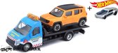 Jeep Renegade + Flatbed Transporter (Oranje) (16 cm) 1/43 Bburago + Hot Wheels Miniatuurauto + 3 Unieke Auto Stickers! - Model auto - Schaalmodel - Modelauto - Miniatuur autos - Speelgoed voo