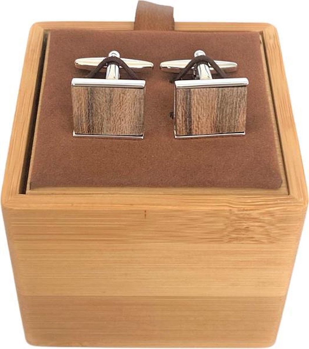 Stalen Manchetknopen + houten inlay + houten doosje DJW14 E