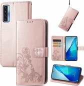 Voor TCL 20 S Vier-blad sluiting Reliëf Gesp Mobiele Telefoon Bescherming Lederen Case met Lanyard & Kaartsleuf & Portemonnee & Beugel Functie (Rose Goud)