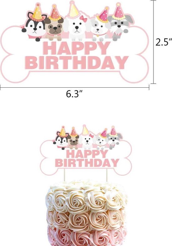 Taarttopper met 'Happy Birthday' tekst en schattige honden met feestmutsen.