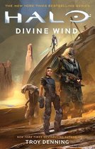 Boekomslag van Halo: Divine Wind. Een vrouwelijke soldaat staat op de voorgrond, met een grote alien aan haar rechterkant. Op de achtergrond een ruimteschipwrak en een andere alien.