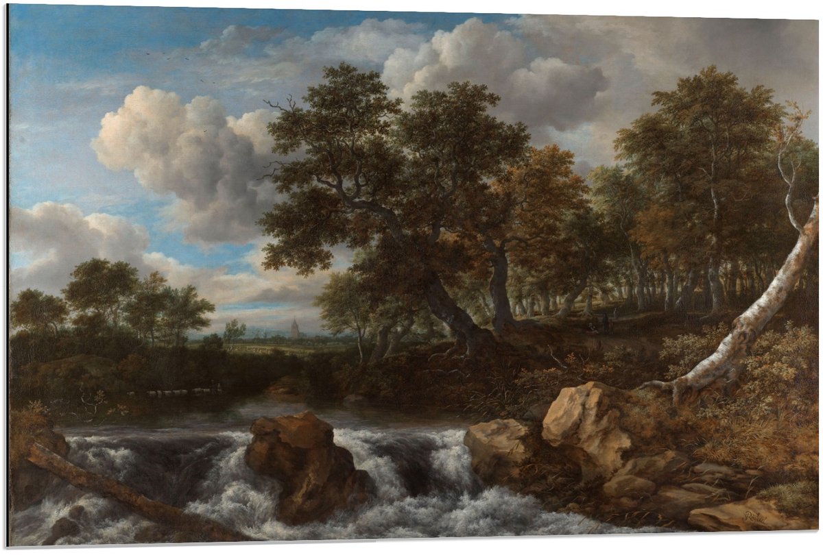 KuijsFotoprint Dibond - Oude Meesters - Landschap met waterval, Jacob Isaacksz van Ruisdael - 90x60cm Foto op Aluminium (Wanddecoratie van metaal) Blauw