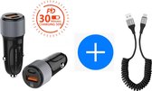 Autolader USB-A & USB-C met USB-C Oplaadkabel - Snellader -Krulsnoer - Uitrekbaar- Auto Lader - Sigarettenaansteker Oplader - Geschikt voor Xiaomi Mi Band/9T/Mix/Note 10 Lite / Mi Fit Band / 