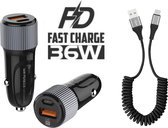 Autolader USB-A & USB-C met USB-C Oplaadkabel - Snellader -Krulsnoer - Uitrekbaar- Auto Lader - Sigarettenaansteker Oplader - Geschikt voor Motorola E7 Plus / Edge 20 / Edge 20 Lite / E6 Play