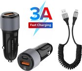 Autolader USB-A & USB-C met USB-C Oplaadkabel - Snellader -Krulsnoer - Uitrekbaar- Auto Lader - Sigarettenaansteker Oplader - Geschikt voor Oneplus 2/3/3T/4/5/5T/6/6T/7/7 Pro/7T/Nord/ Nord CE