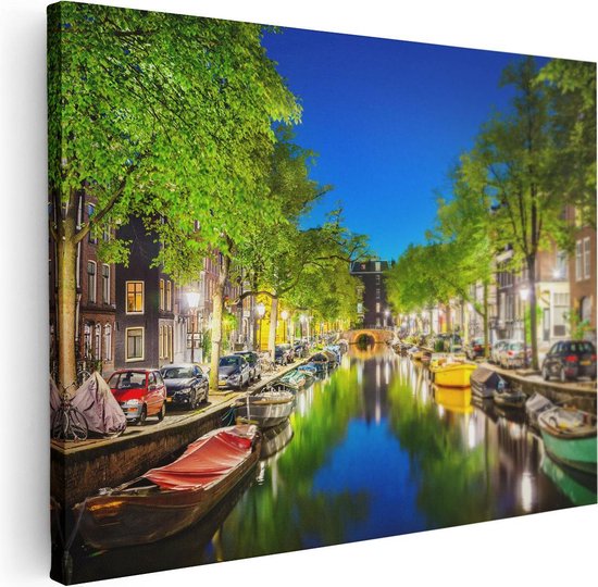 Artaza Canvas Schilderij Amsterdamse Gracht In De Nacht - 80x60 - Foto Op Canvas - Canvas Print