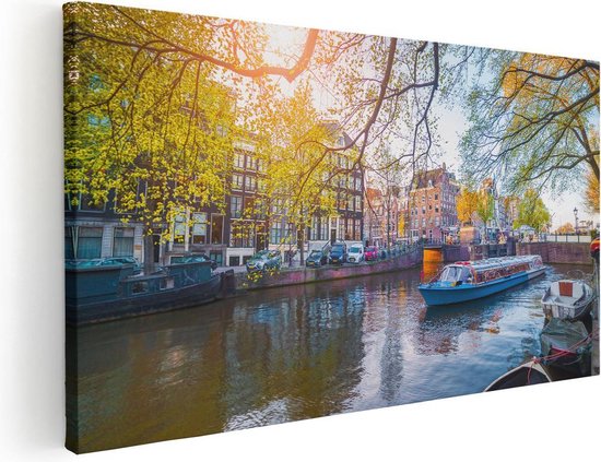 Artaza Canvas Schilderij Amsterdamse Gracht Tijdens Het Voorjaar - 80x40 - Foto Op Canvas - Canvas Print