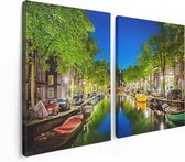 Artaza Canvas Schilderij Tweeluik Amsterdamse Gracht In De Nacht - 120x80 - Foto Op Canvas - Canvas Print