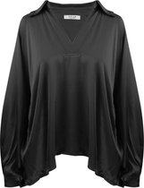 Satijnen Blouse Ethel, Top met V-hals en Kraagje, Top met Pofmouwen, Zwart