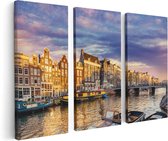 Artaza Toile Peinture Triptyque Amsterdam Canal La Nuit Avec Étoiles - 120x80 - Photo Sur Toile - Impression Sur Toile