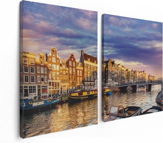 Artaza Canvas Schilderij Tweeluik Amsterdamse Gracht In De Nacht Met Sterren - 120x80 - Foto Op Canvas - Canvas Print
