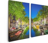 Artaza Canvas Schilderij Tweeluik Amsterdamse Gracht In De Nacht - 80x60 - Foto Op Canvas - Canvas Print