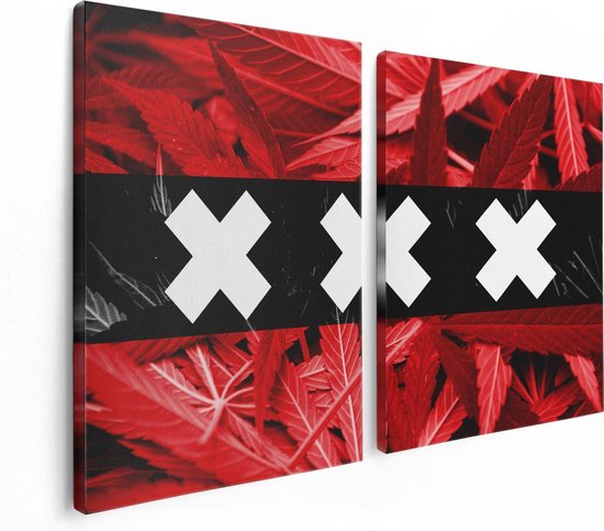 Artaza Canvas Schilderij Tweeluik Amsterdamse Vlag Met Cannabis Achtergrond - 120x80 - Foto Op Canvas - Canvas Print